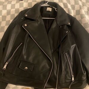 H&M Black Leather Motorcycle Jacket Asymmetrical Zipper